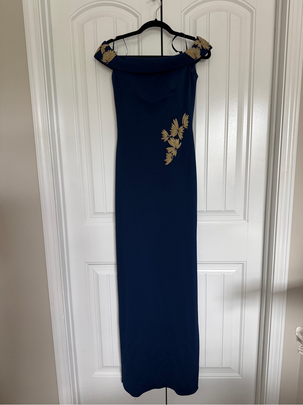 Basix Black Label NWT Navy Evening Gown Gold Floral Off Shoulder Size 0